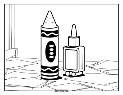 First Day Of School Coloring Page for Kids: Crayon and glue stick stand upright on a desk with papers all around