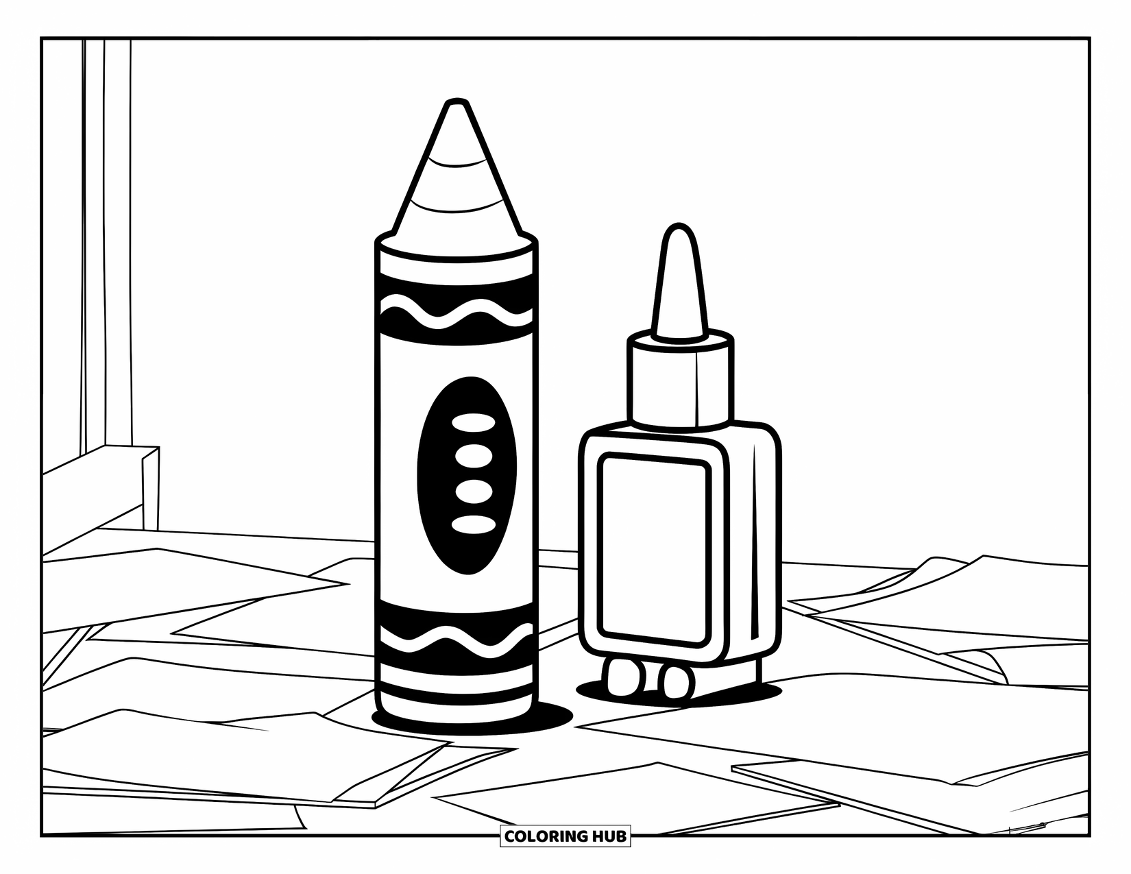 First Day Of School Coloring Page for Kids: Crayon and glue stick stand upright on a desk with papers all around