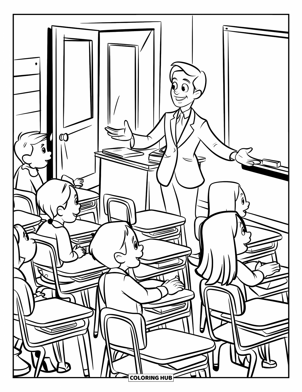 First Day Of School Coloring Page for Kids: The teacher welcomes each student as they enter a cozy classroom with desks and a board