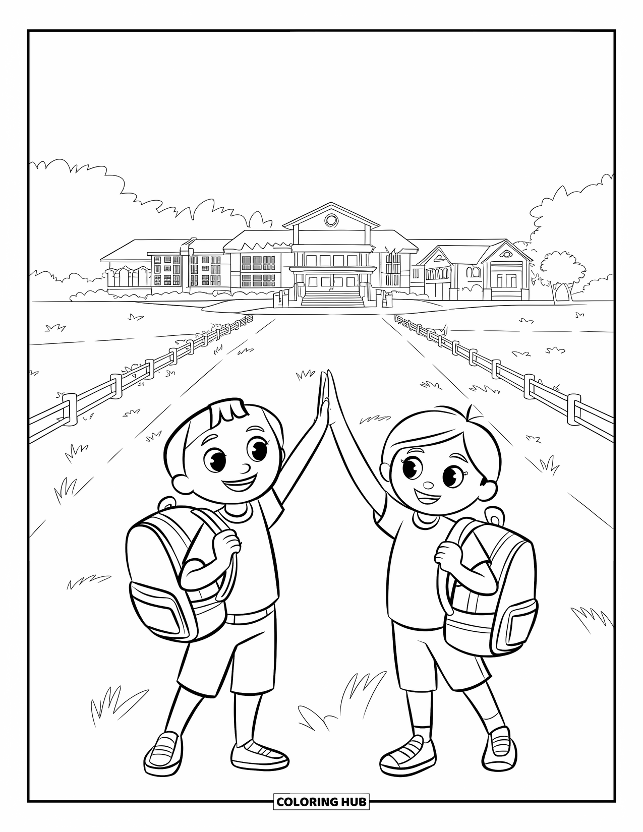 First Day Of School Coloring Page for Kids: Two cheerful friends high-five near a school surrounded by grass