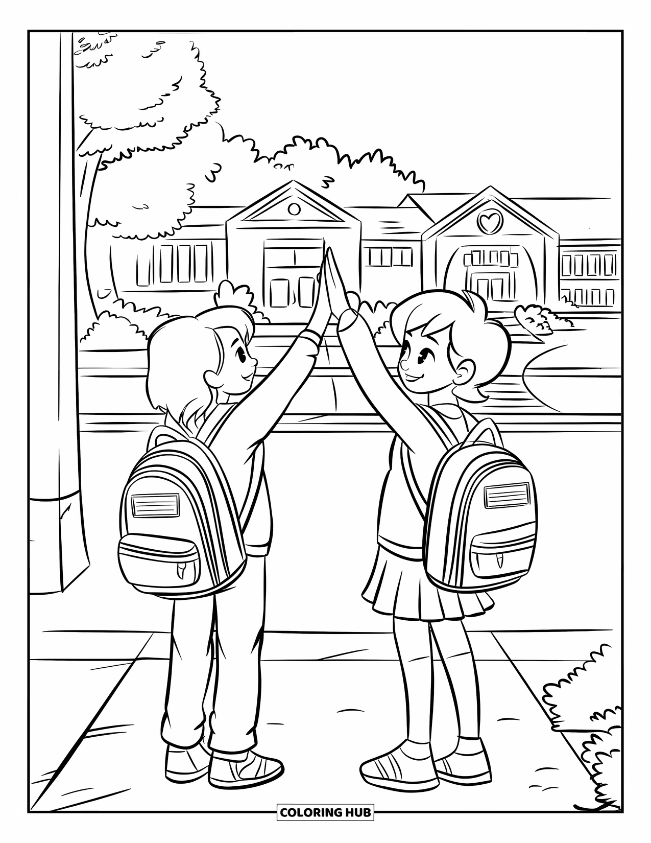 First Day Of School Coloring Page for Kids: Two friends with backpacks high-five on a sidewalk outside a school