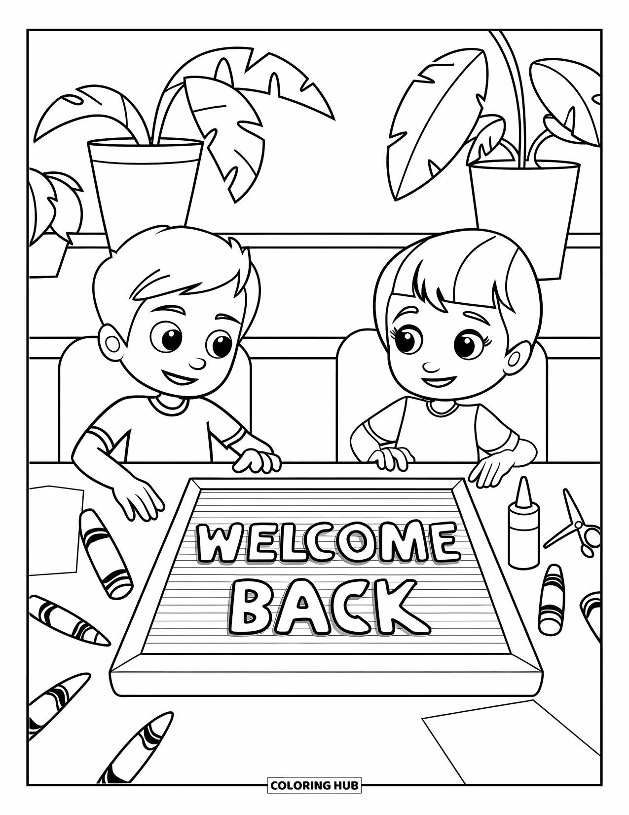 First Day Of School Coloring Page for Kids: Two kids sit by a letterboard that says "Welcome Back" with craft tools on the table