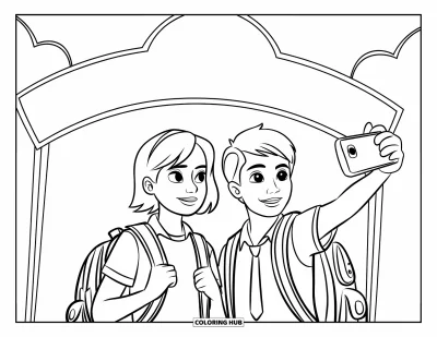 First Day Of School Coloring Page for Kids: Two students with backpacks smile for a selfie at the school entrance