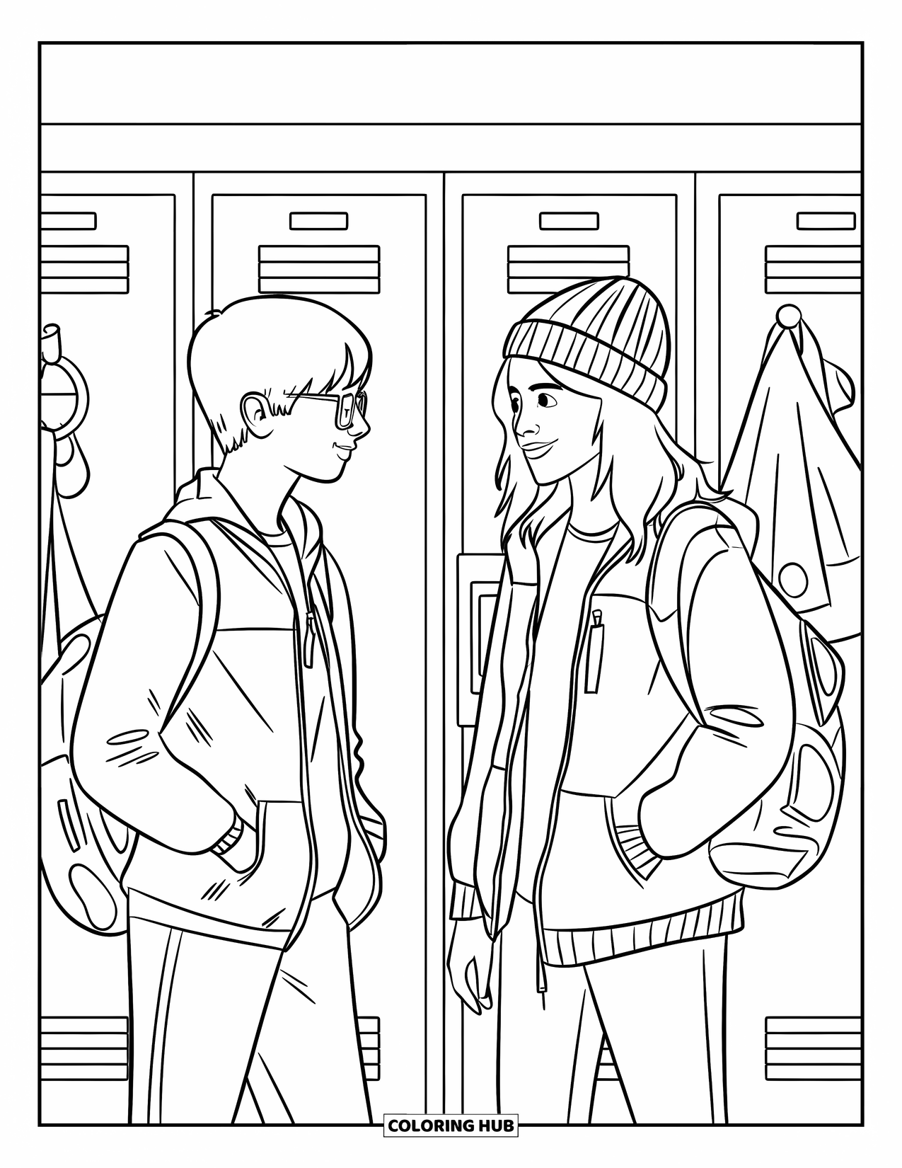 First Day Of School Coloring Page for Kids: Two teens chat near lockers filled with personal items on the first day