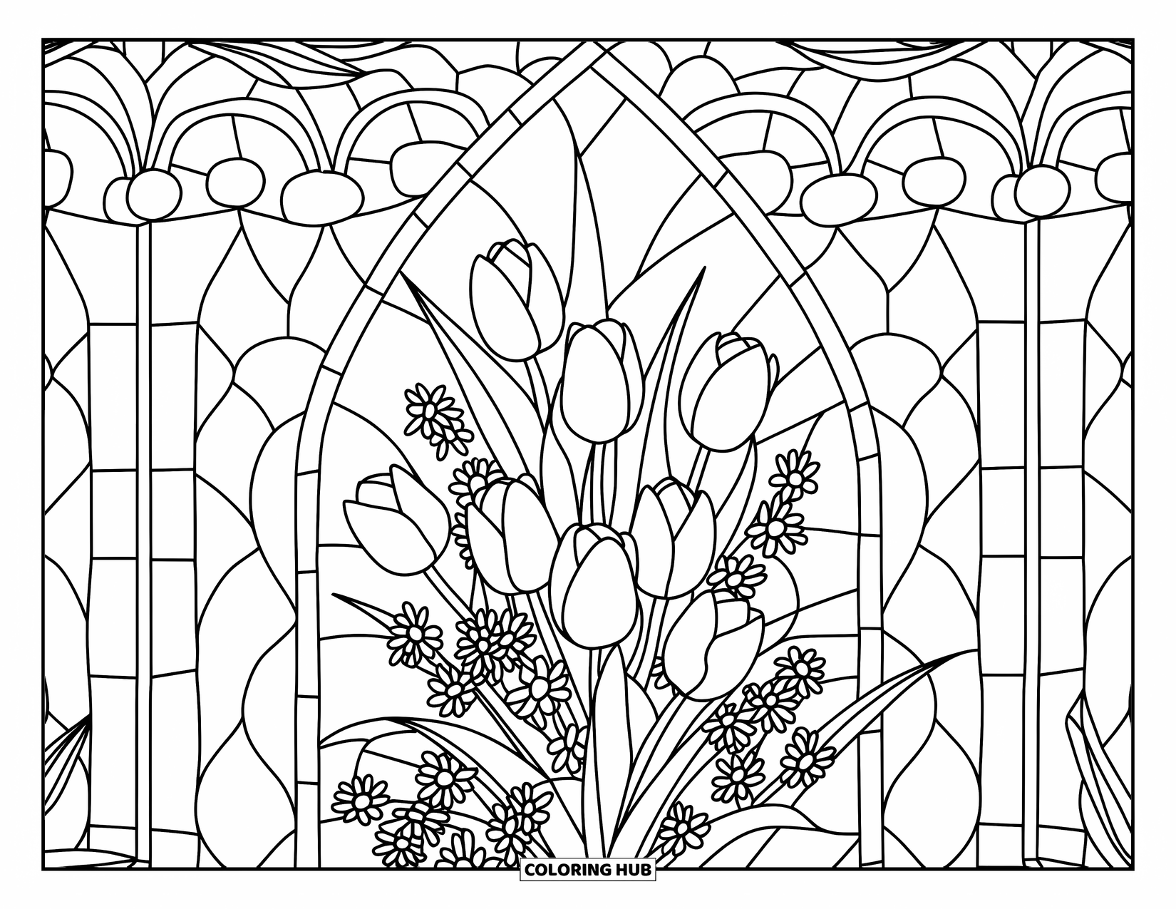 Flower Bouquet Coloring Page for Adults: Bundled tulips and daisies framed in a pointed stained glass window