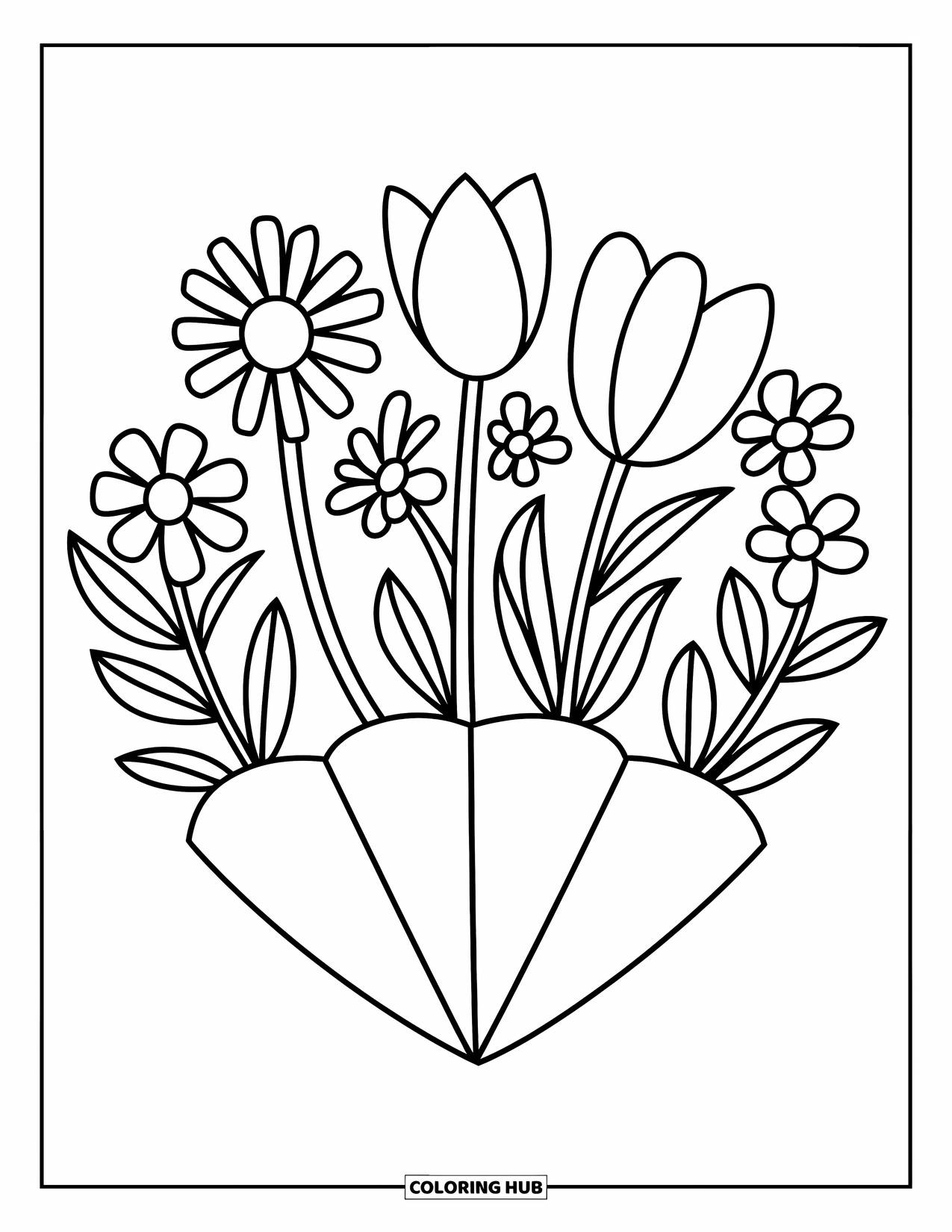Flower Bouquet Coloring Page for Adults: Fan bouquet with open-petal blossoms and leaves tucked in gentle arcs