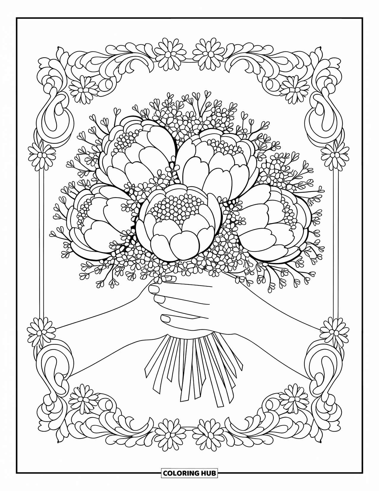 Flower Bouquet Coloring Page for Adults: Fan-shaped bouquet of peonies and baby's breath in a decorative floral frame