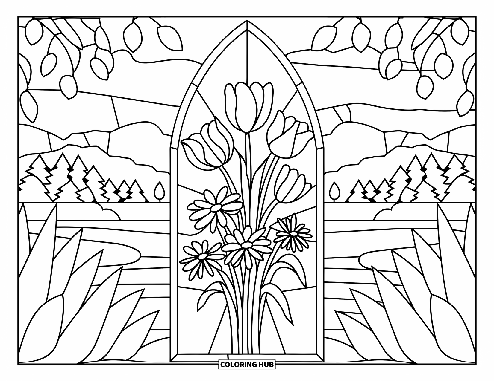 Flower Bouquet Coloring Page for Adults: Flower bundle framed by stained glass with trees and water in the distance