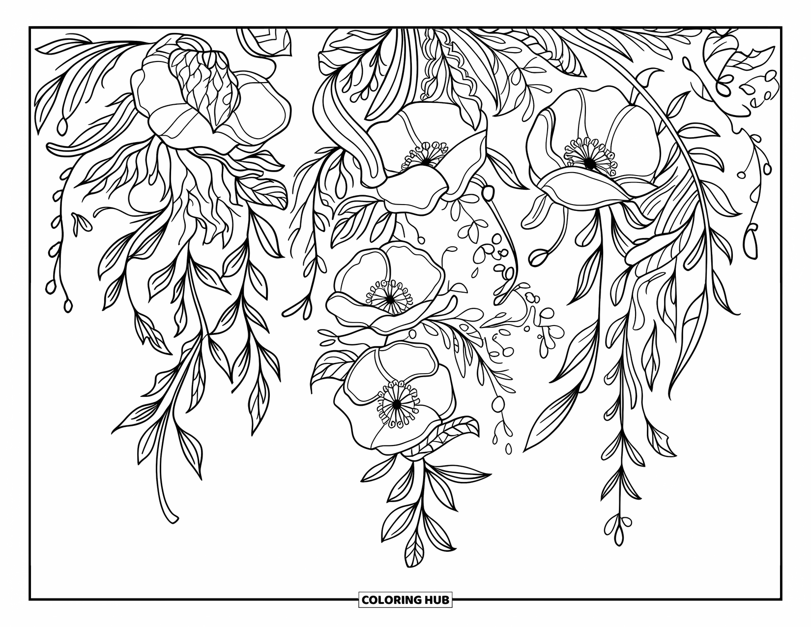 Flower Bouquet Coloring Page for Adults: Flowing bouquet of poppies and leaves with bold, detailed botanical motifs