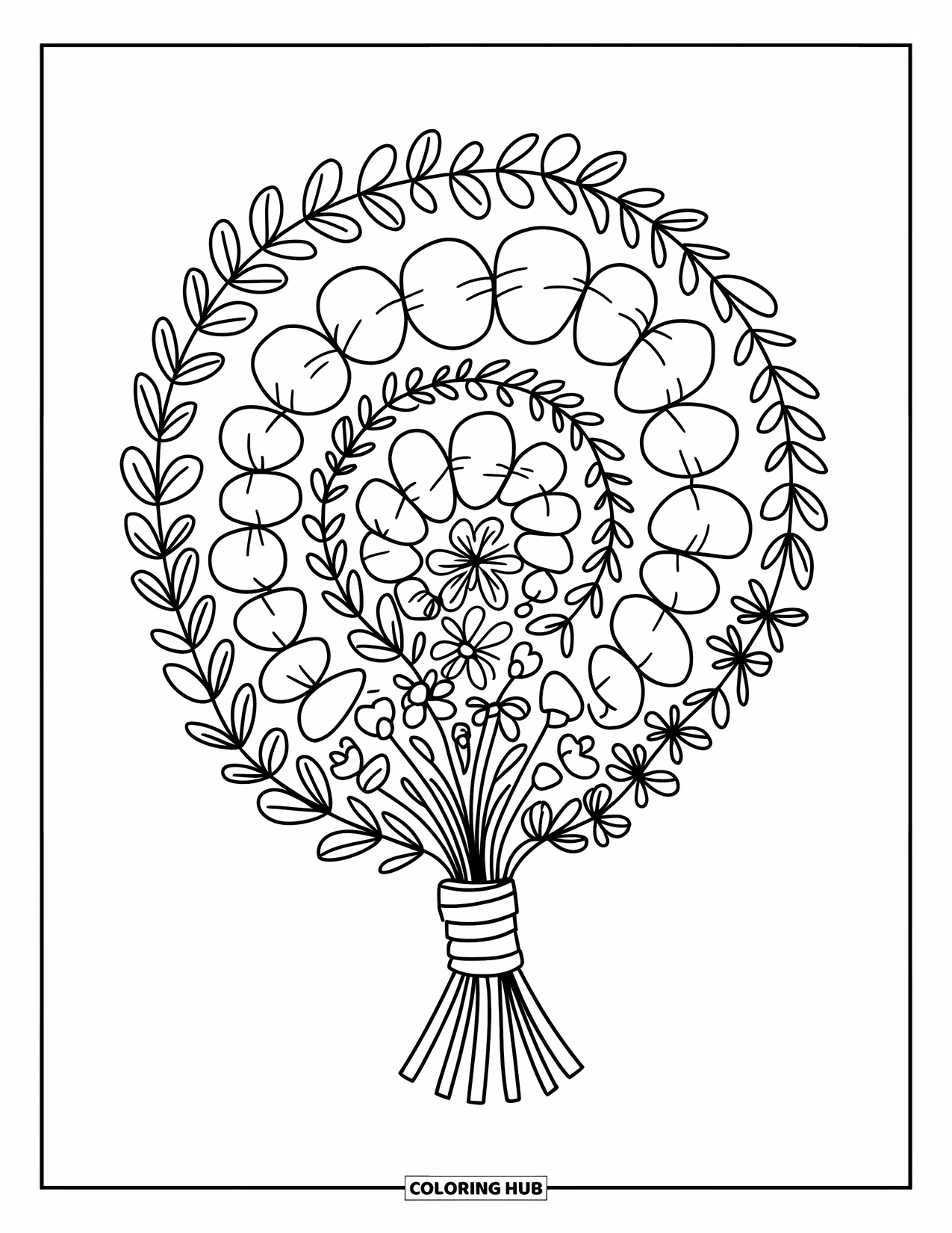 Flower Bouquet Coloring Page for Adults: Hand-tied bouquet swirls inward with looping stems and layered flower shapes