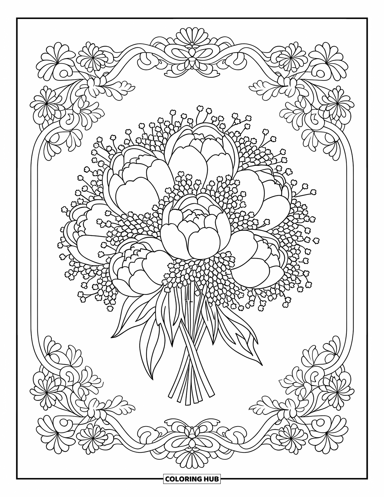 Flower Bouquet Coloring Page for Adults: Peony and baby's breath bouquet framed by an ornate floral border