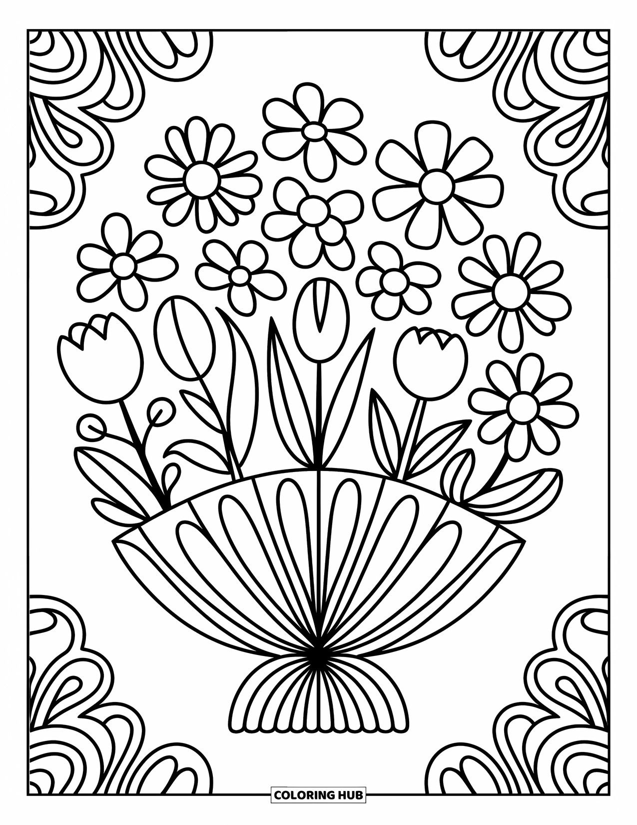 Flower Bouquet Coloring Page for Adults: Semi-circle bouquet of friendly-petaled flowers with cozy swirls in the background