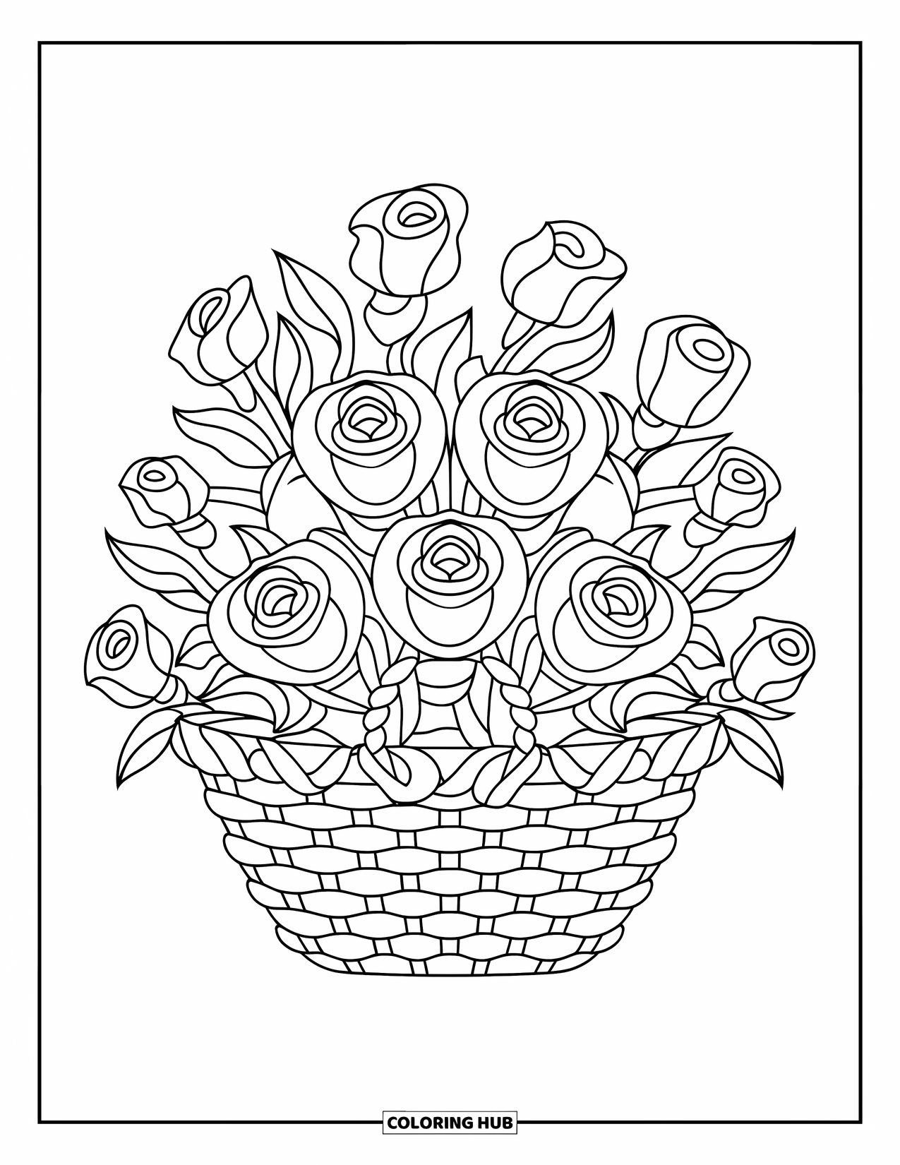Flower Bouquet Coloring Page for Kids: Basket filled with bold-outlined roses, repeated throughout the arrangement