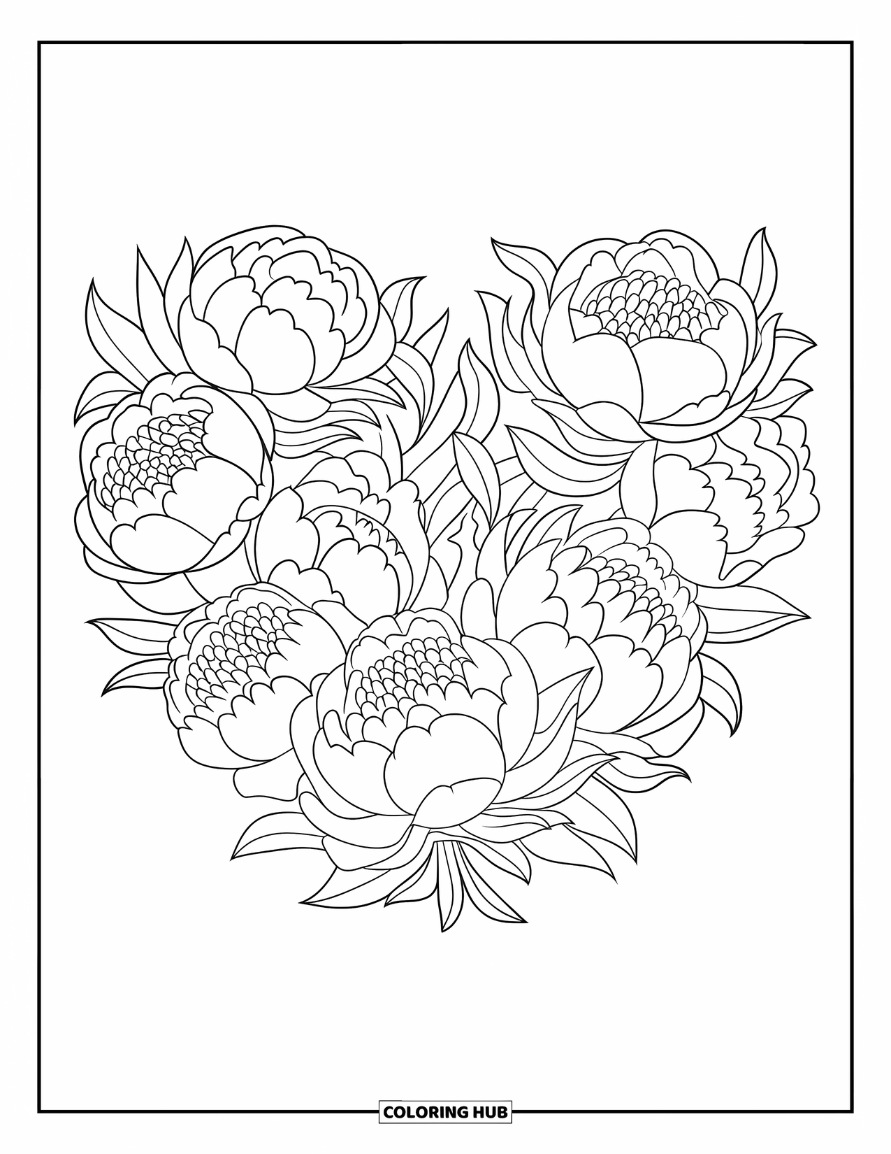 Flower Bouquet Coloring Page for Kids: Bold heart of layered peonies and curvy leaves in a teen-friendly design
