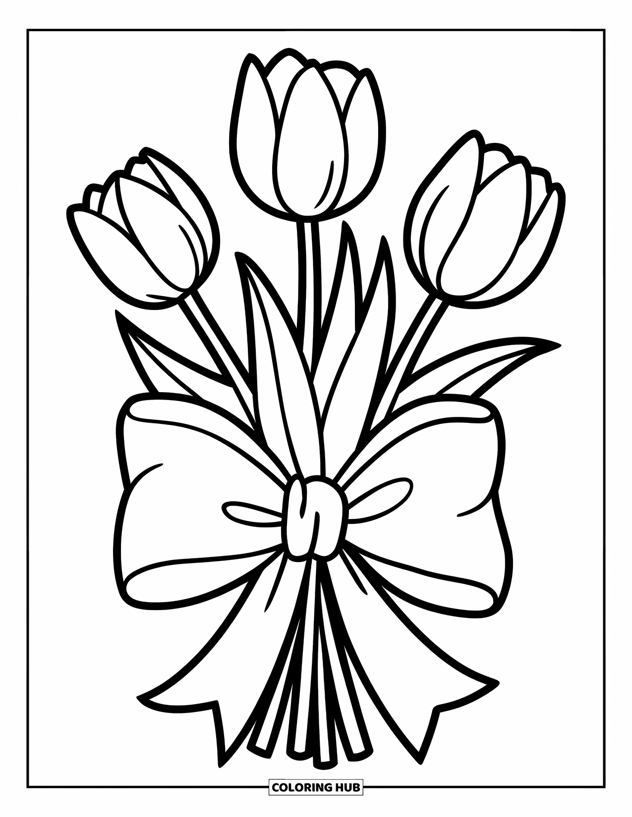 Flower Bouquet Coloring Page for Kids: Bouquet of three tulips tied with a bow in a playful, easy style