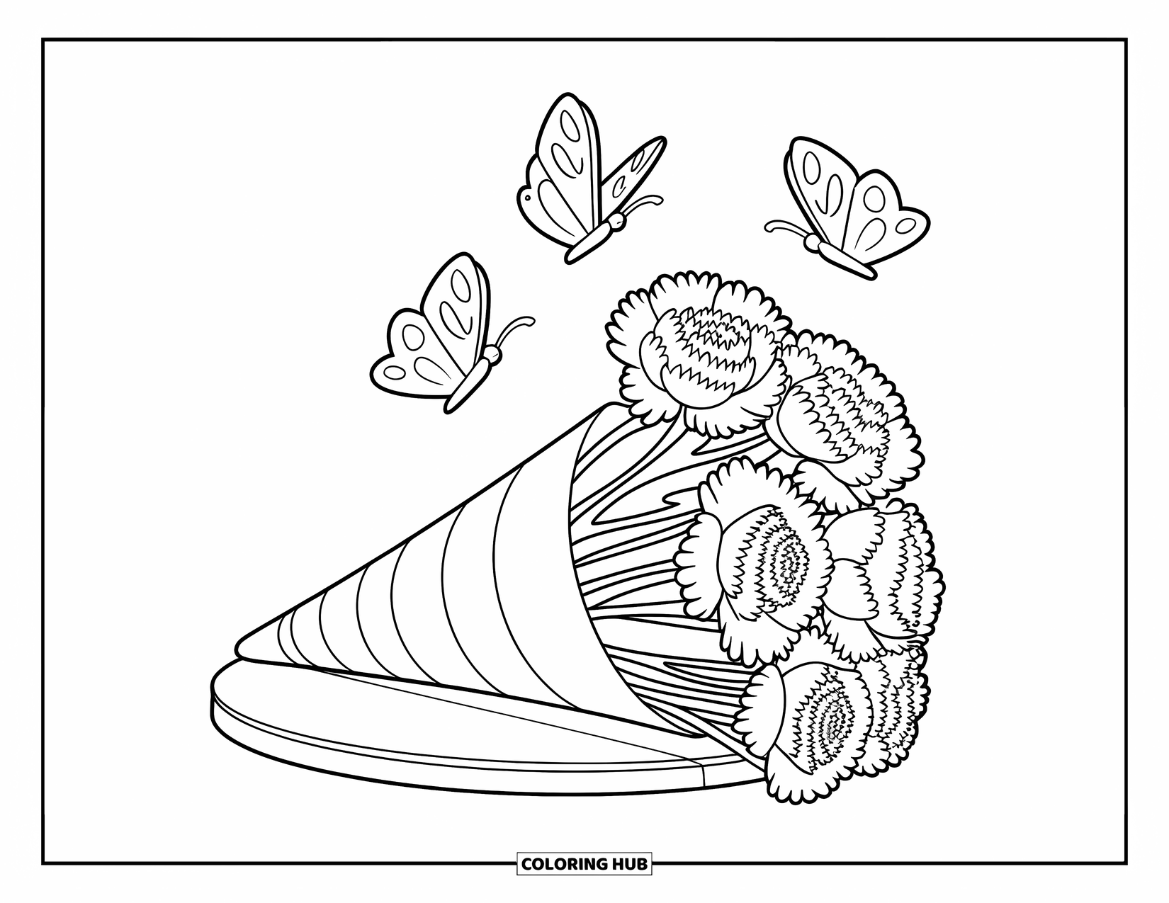 Flower Bouquet Coloring Page for Kids: Carnation and rose cone bouquet with three butterflies on a round wooden base