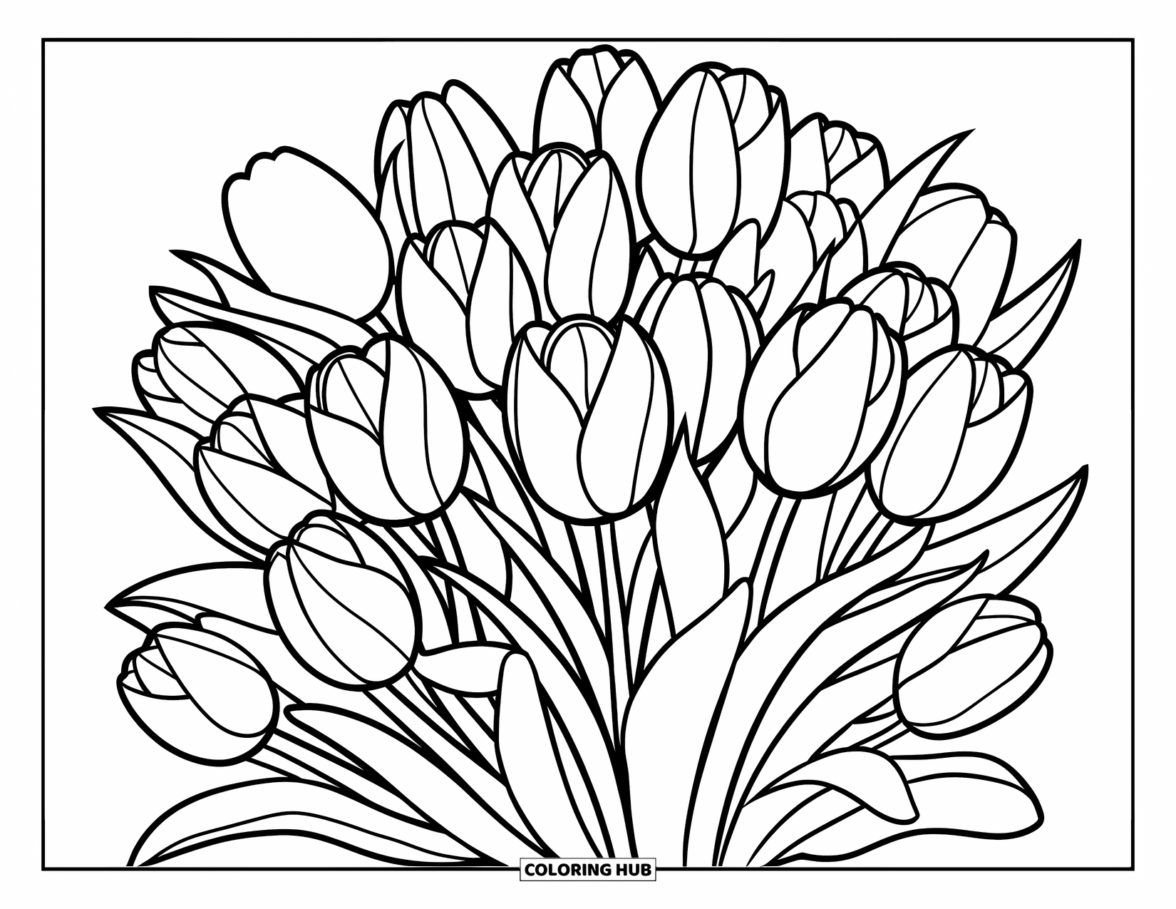 Flower Bouquet Coloring Page for Kids: Circle of tulips arranged tightly, suitable for school-age coloring