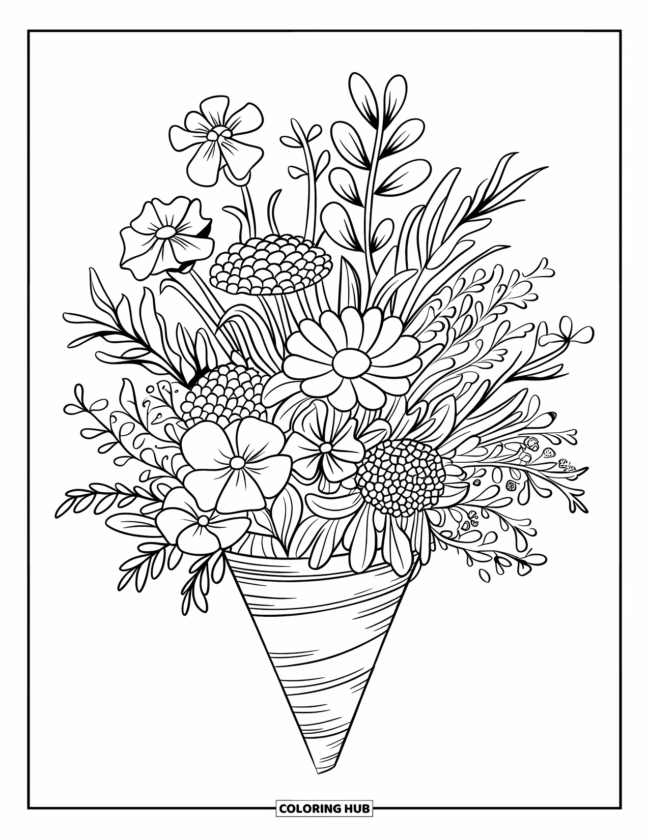 Flower Bouquet Coloring Page for Kids: Cone bouquet of wildflowers with filler plants on a wooden stand