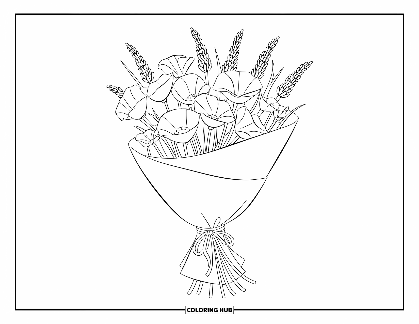 Flower Bouquet Coloring Page for Kids: Diagonal poppies and lavender in a wide bouquet tied with string
