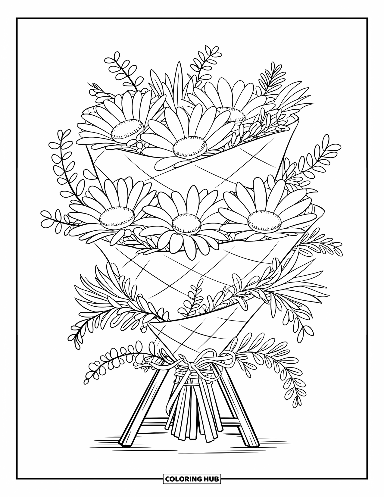 Flower Bouquet Coloring Page for Kids: Large daisy spiral bouquet wrapped in paper, resting on a wooden stand