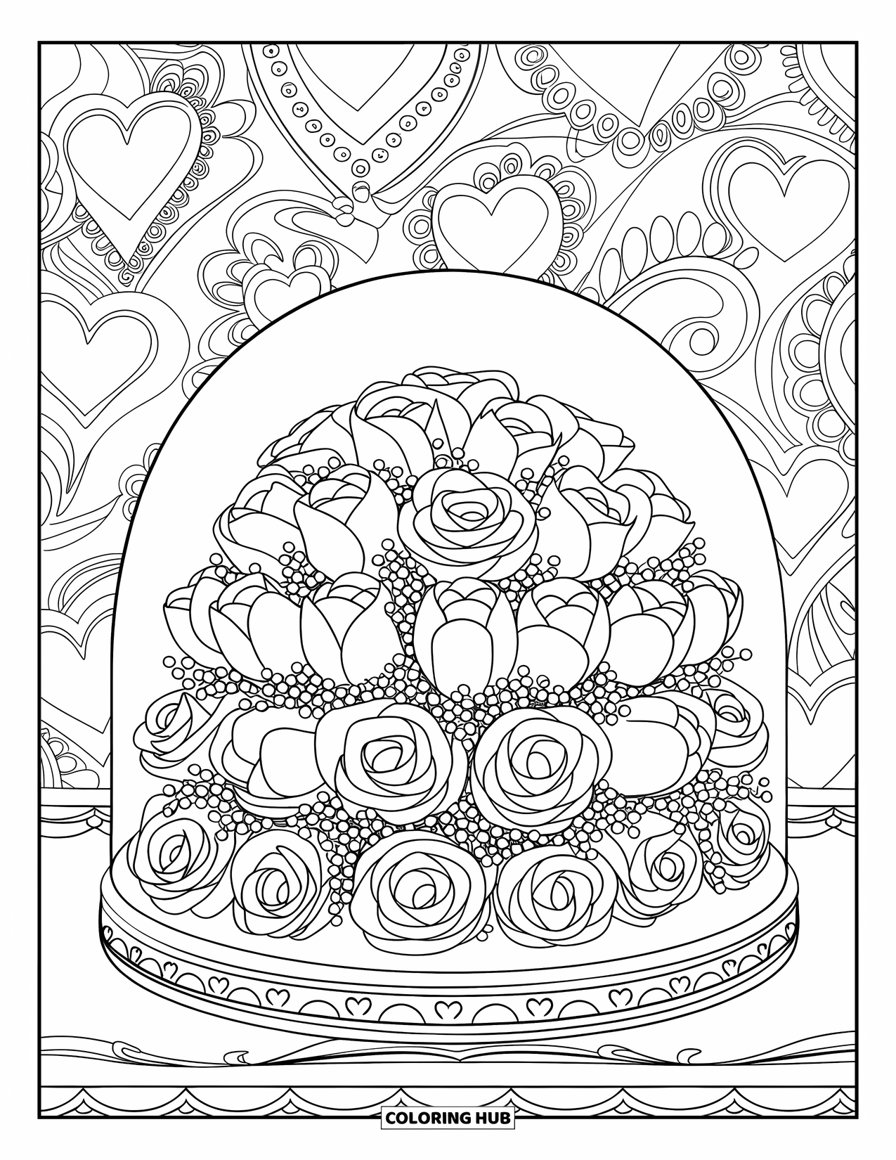 Flower Bouquet Coloring Page for Kids: Layered dome bouquet on a carved base with patterned background