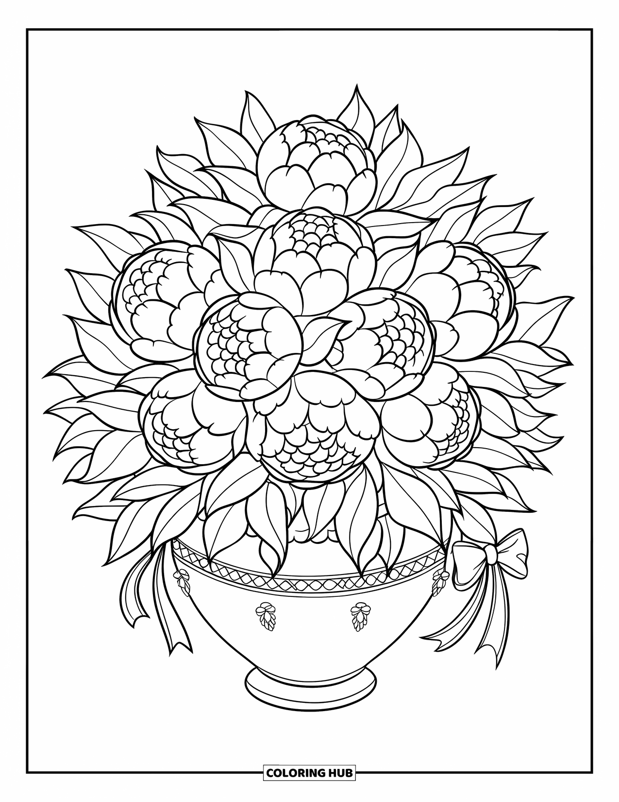 Flower Bouquet Coloring Page for Kids: Layered peony bouquet in a vase with a bow on the front