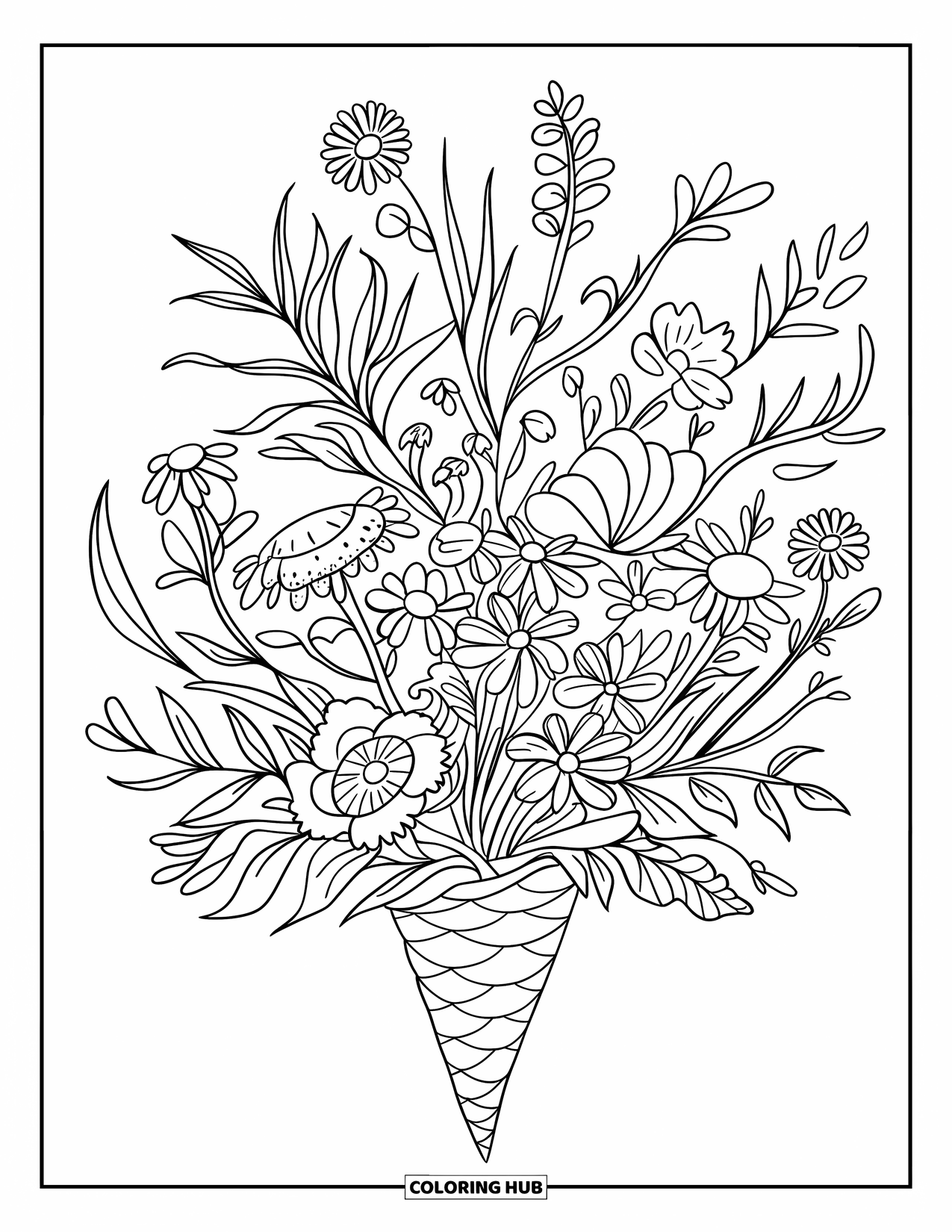 Flower Bouquet Coloring Page for Kids: Loose cone bouquet of wildflowers outlined with bold, clean lines
