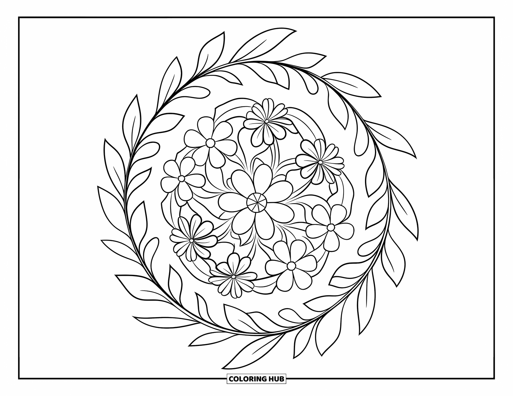Flower Bouquet Coloring Page for Kids: Medium blossoms spiral with leafy framing in a bold floral design