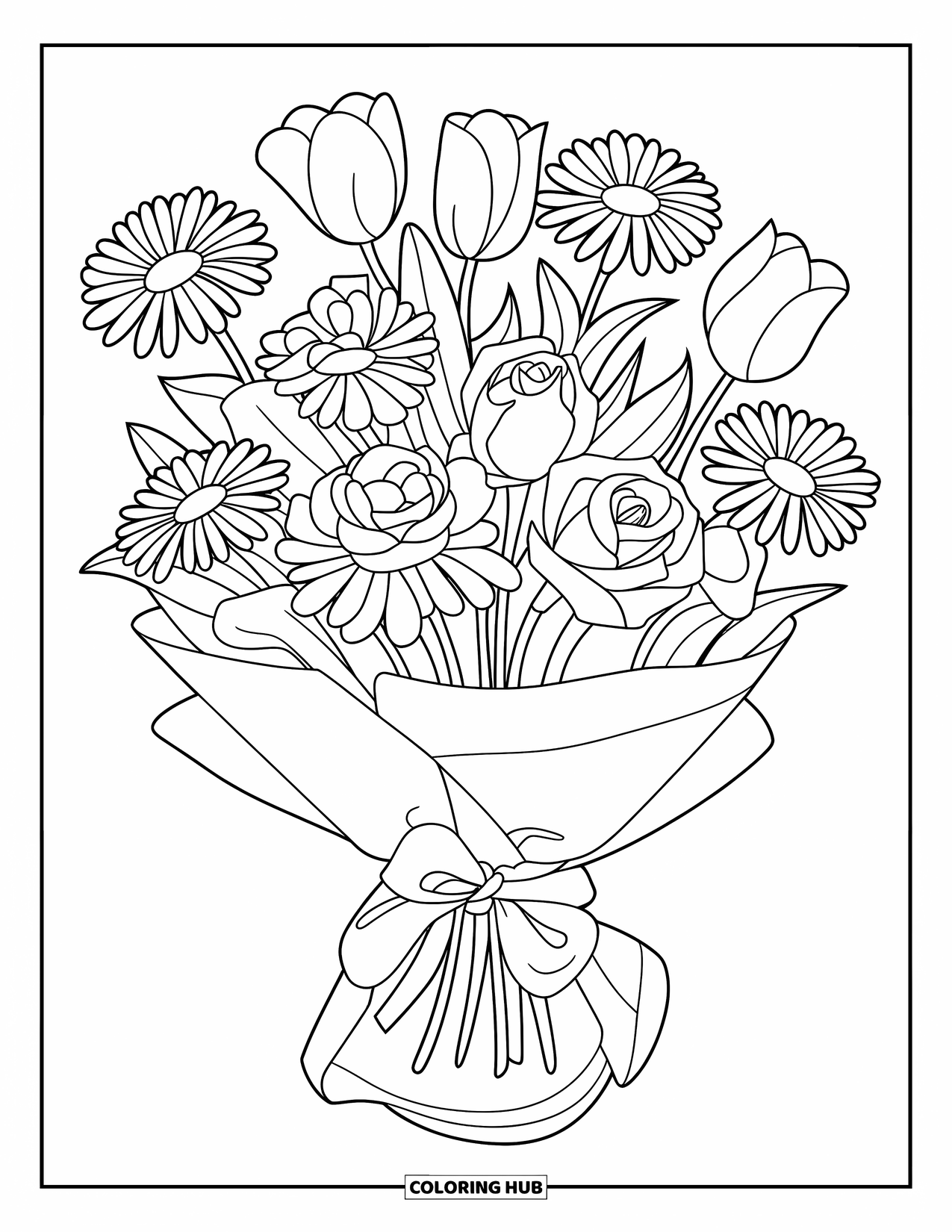 Flower Bouquet Coloring Page for Kids: Mixed bouquet of daisies, roses, and tulips tied in paper wrap