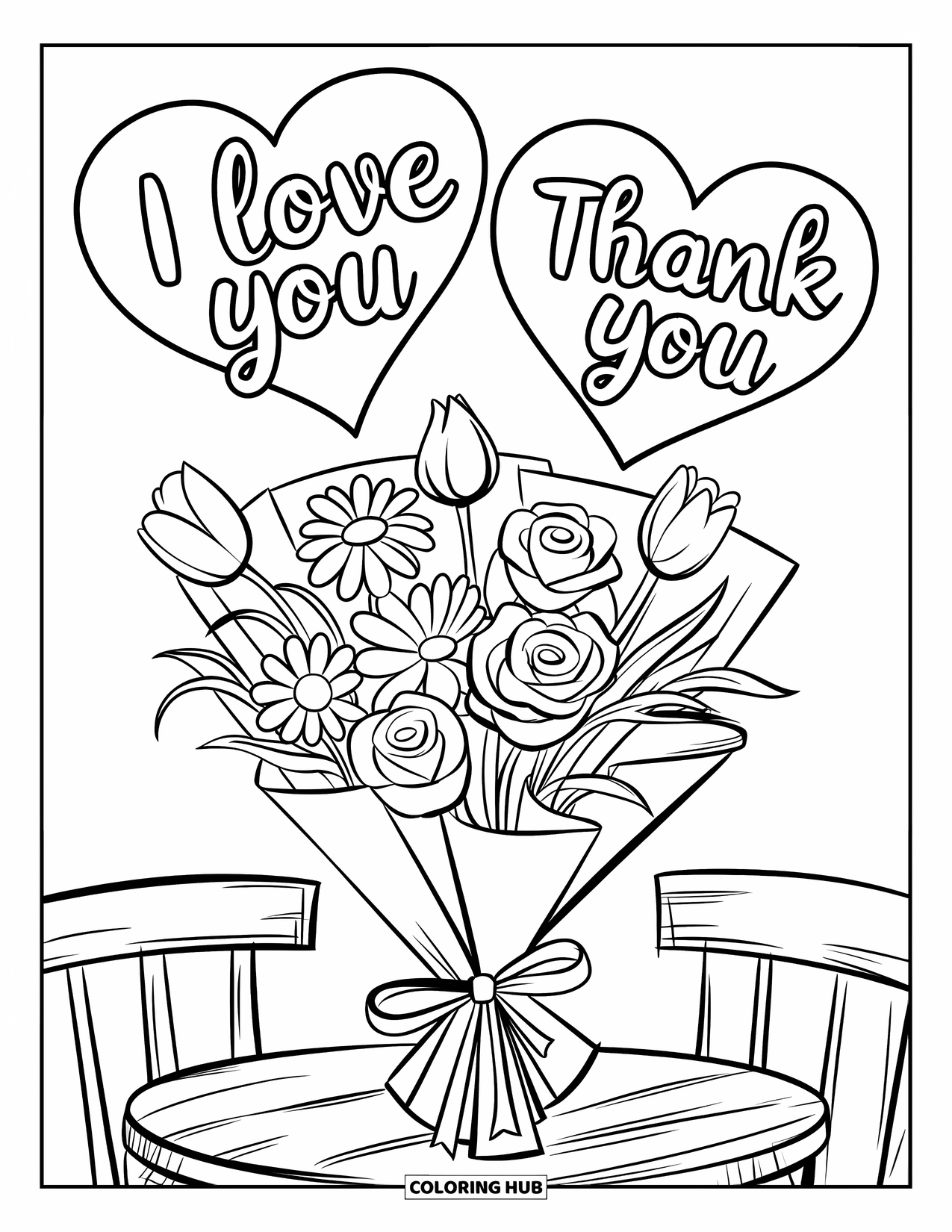Flower Bouquet Coloring Page for Kids: Mixed flower bouquet with hearts in the background saying "I love you" and "Thank you"