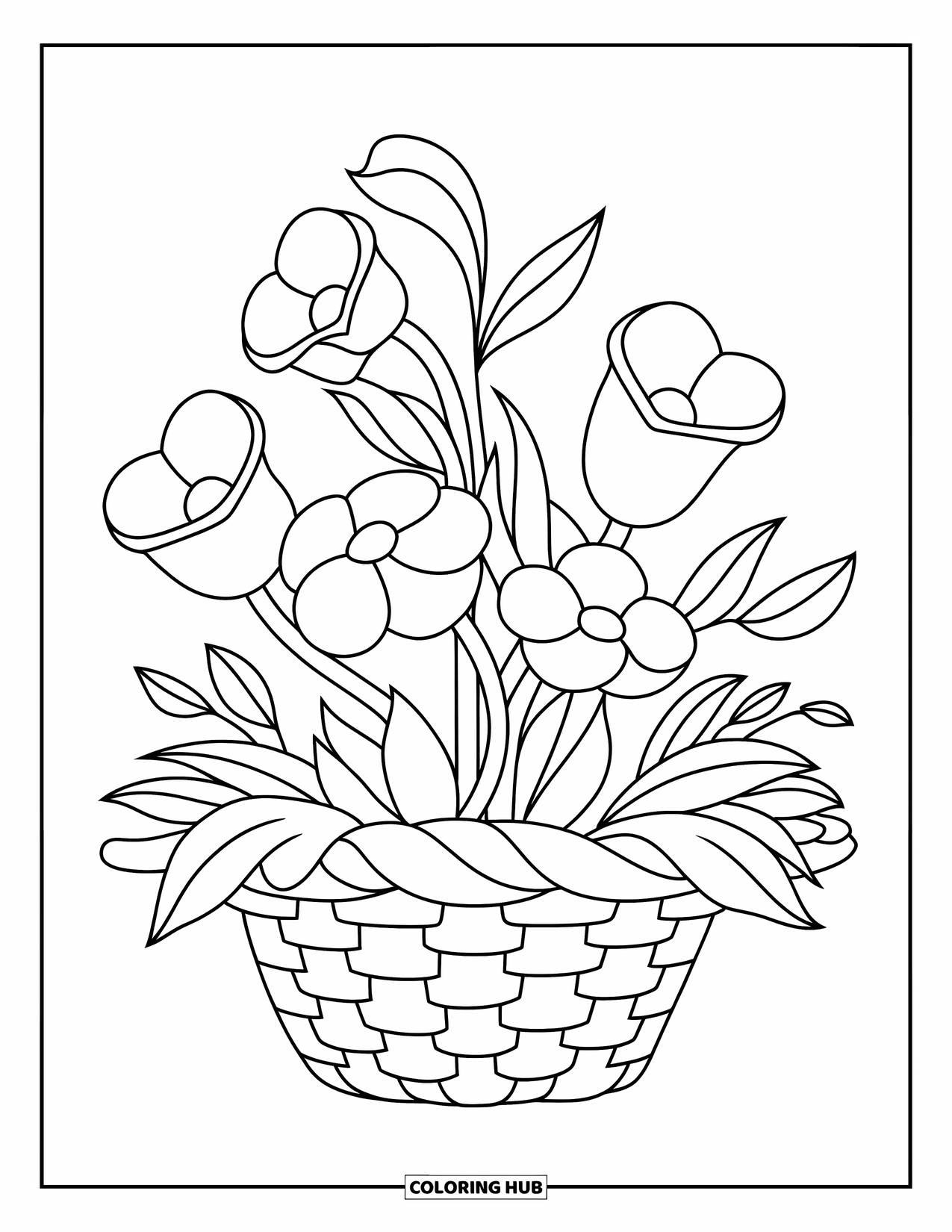 Flower Bouquet Coloring Page for Kids: Simple basket bouquet with the same flower and a few leafy accents