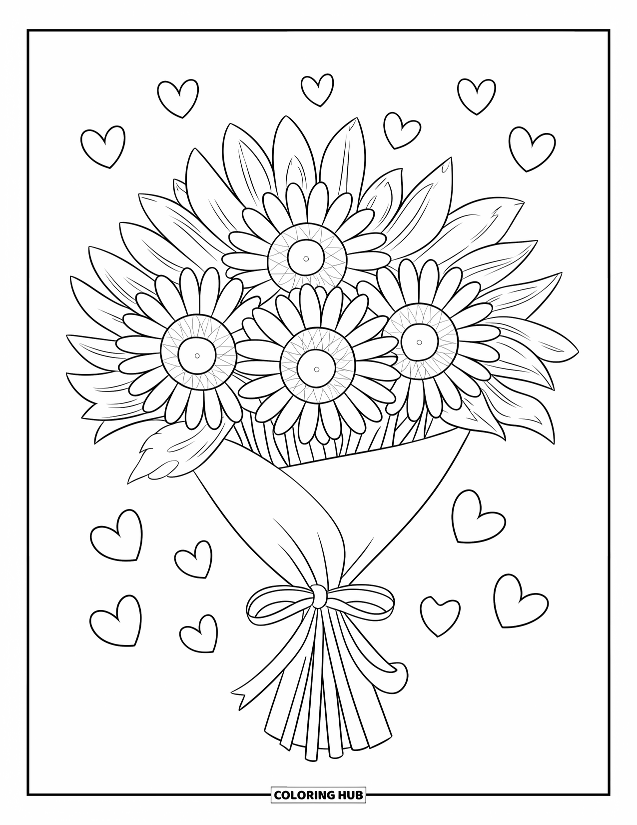 Flower Bouquet Coloring Page for Kids: Sunflowers and daisies tied in a bouquet with cute hearts floating around