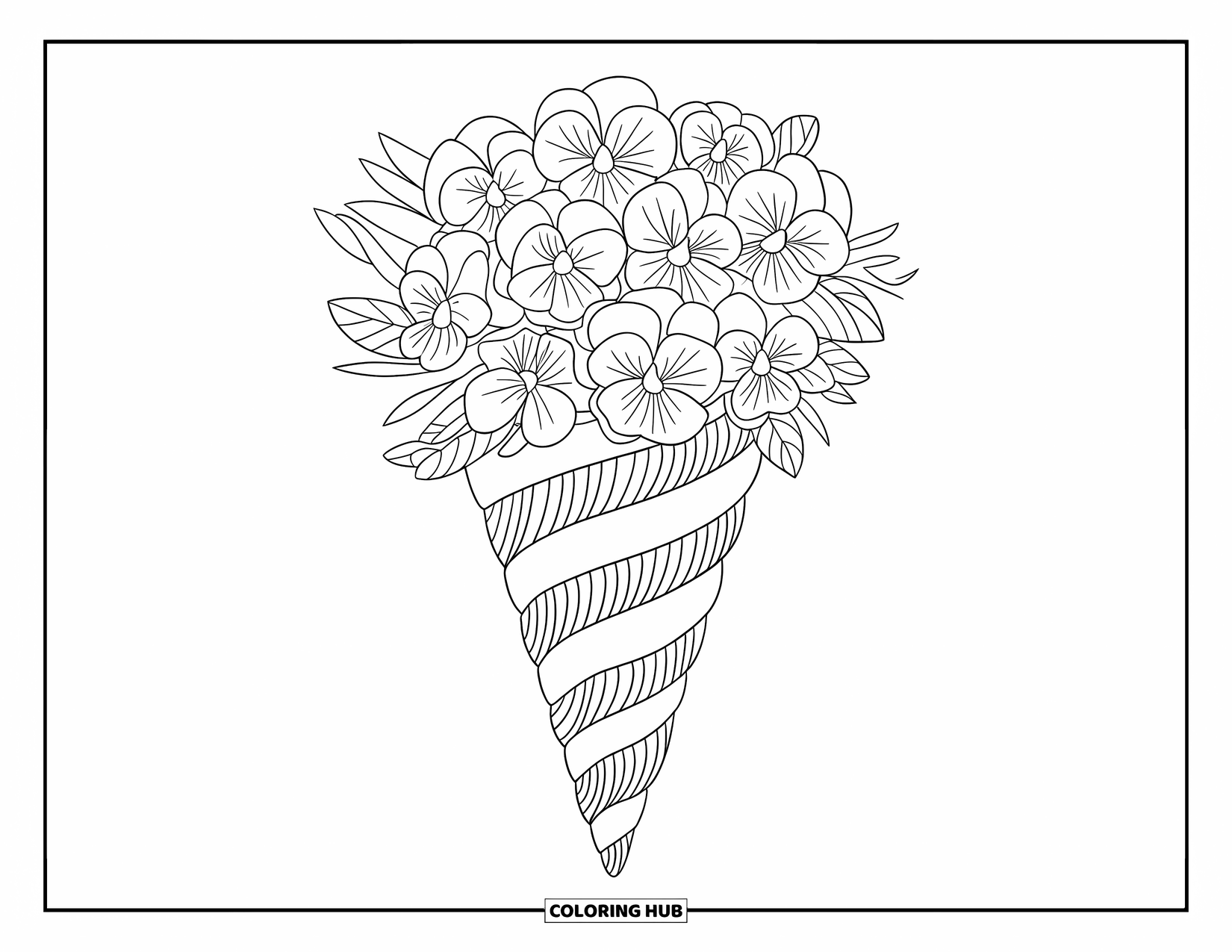 Flower Bouquet Coloring Page for Kids: Tall cone bouquet with zigzag pansy layers and bold outlines
