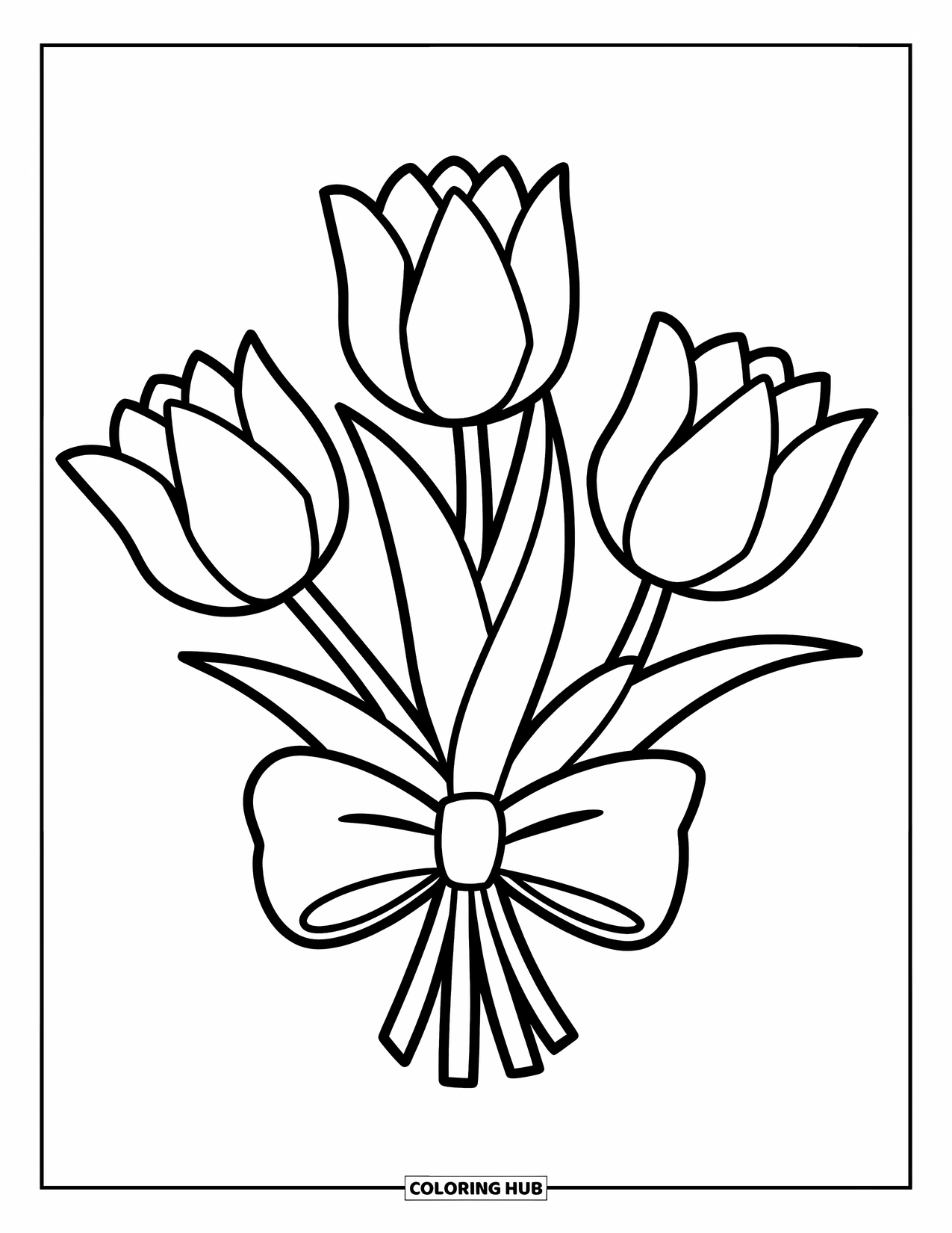 Flower Bouquet Coloring Page for Kids: Three bold tulips tied with a bow, simple and fun to color