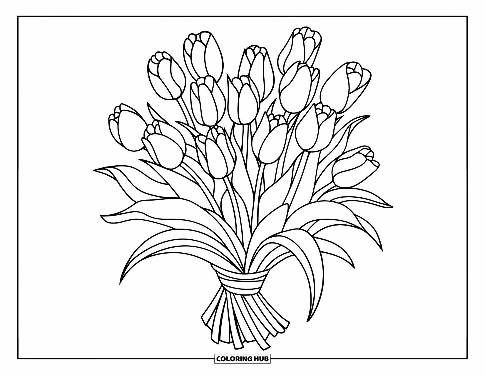 Flower Bouquet Coloring Page for Kids: Tightly bundled tulips facing different directions on a white background