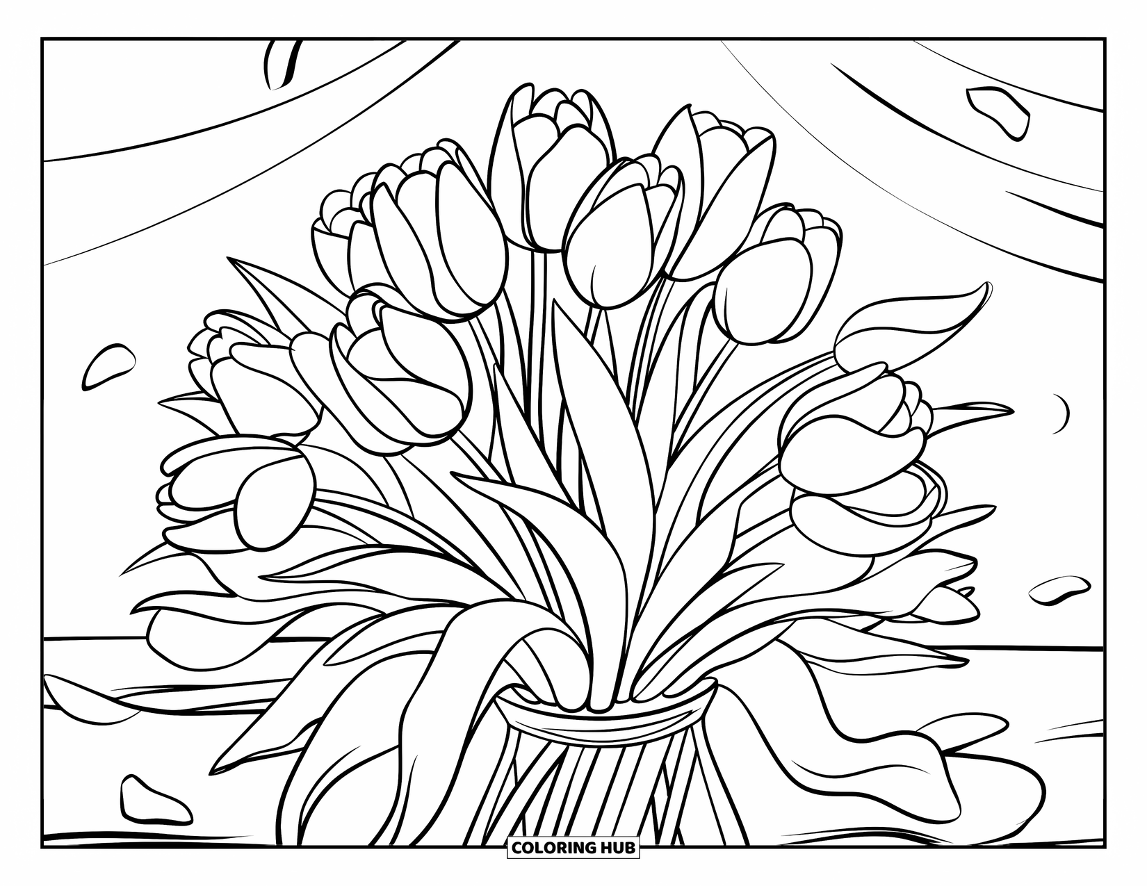Flower Bouquet Coloring Page for Kids: Tulip bouquet with blooms in different angles, placed in a vase