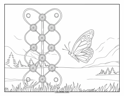 Desenho de flores e borboletas para colorir para adultos: Uma borboleta passa por um treliÃ§ado floral com montanhas e Ã¡rvores ao fundo