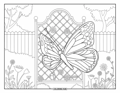 Desenho de flores e borboletas para colorir para adultos: Uma borboleta esvoaÃ§a perto de um treliÃ§ado decorativo em um jardim sereno
