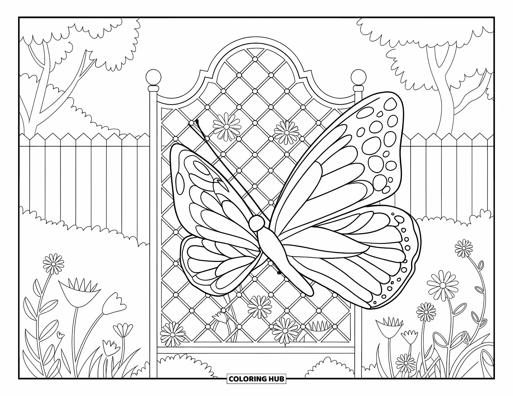Flower Butterfly Coloring Page for Adults: A butterfly flutters near a decorative trellis in a peaceful garden