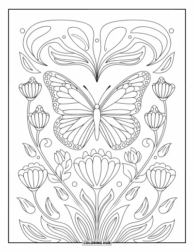 Desenho de flores e borboletas para colorir para adultos: Uma borboleta paira acima de hastes floridas em um design vertical
