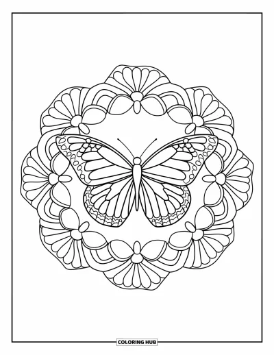 Desenho de flores e borboletas para colorir para adultos: Uma borboleta ocupa o centro de uma mandala floral de rosas e margaridas