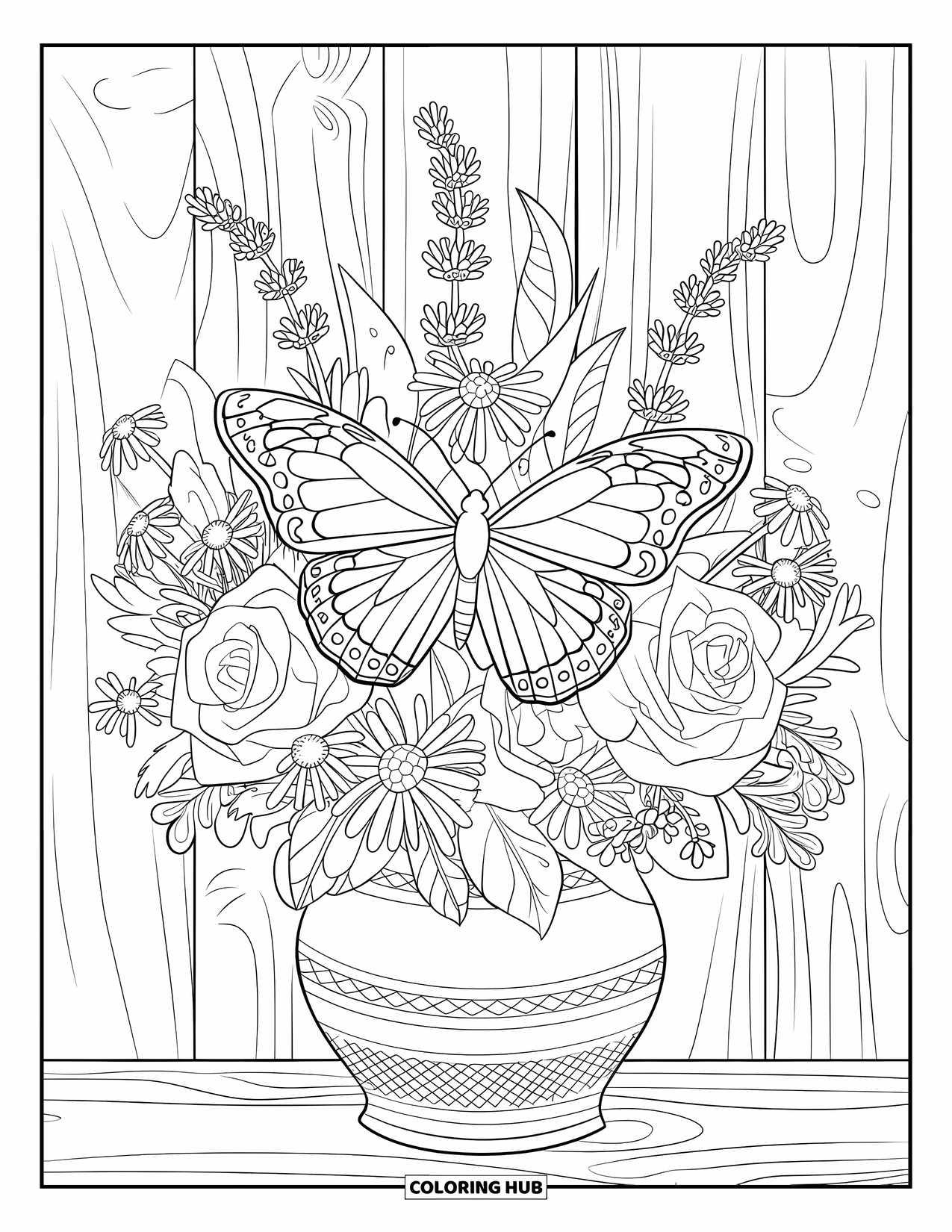 Flower Butterfly Coloring Page for Adults: A butterfly nestles among garden flowers in a patterned ceramic vase