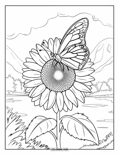 Desenho de flores e borboletas para colorir para adultos: Uma borboleta pousa em um girassol com uma vista ventosa das montanhas ao fundo
