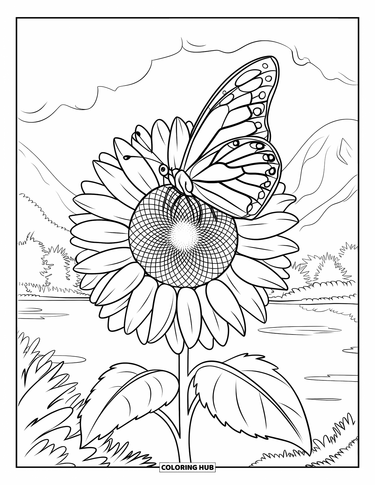 Flower Butterfly Coloring Page for Adults: A butterfly perches on a sunflower with a breezy mountain view