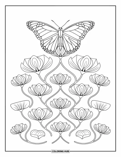 Desenho de flores e borboletas para colorir para adultos: Uma borboleta pousa em hastes em camadas com flores dispostas simetricamente