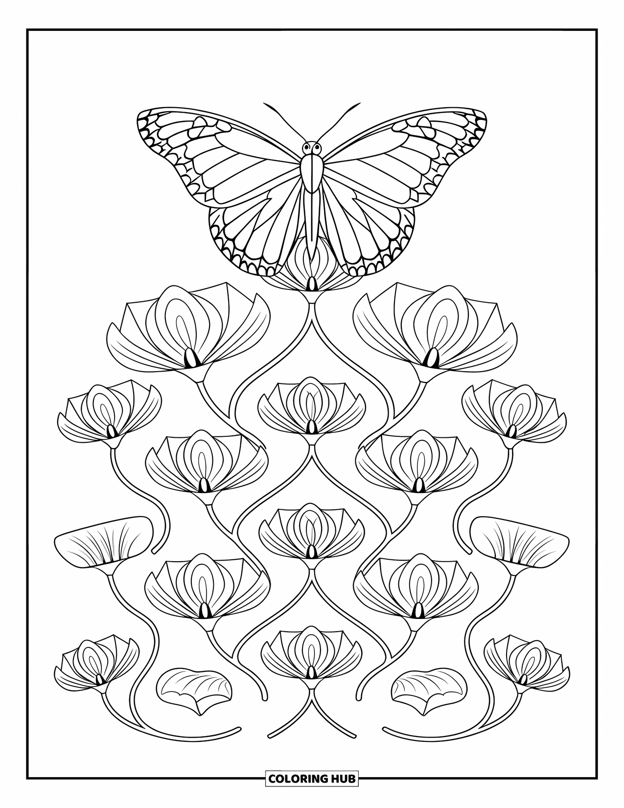 Flower Butterfly Coloring Page for Adults: A butterfly perches on layered stems with flowers arranged symmetrically