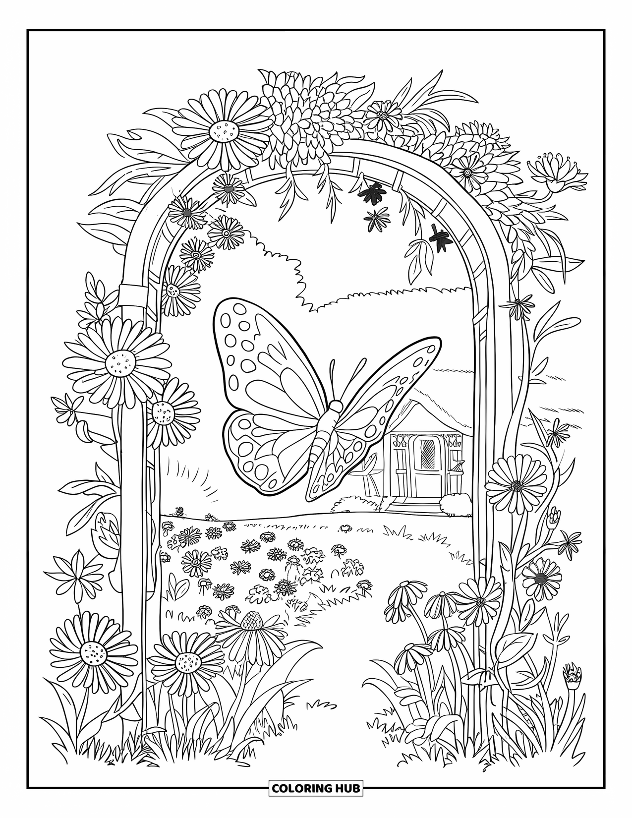 Flower Butterfly Coloring Page for Adults: A butterfly rests in a blooming garden arch near a thatched cottage