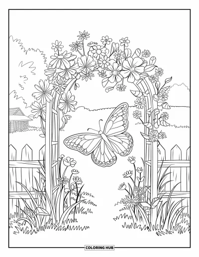 Desenho de flores e borboletas para colorir para adultos: Uma borboleta repousa em um arco coberto de flores em um campo bucÃ³lico