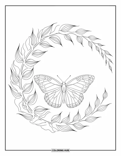 Desenho de flores e borboletas para colorir para adultos: Uma borboleta repousa em um redemoinho de folhas e pÃ©talas delicadas de flores