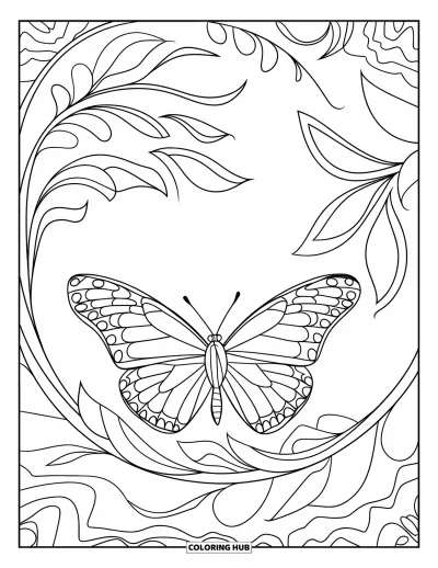 Desenho de flores e borboletas para colorir para adultos: Uma borboleta descansa tranquilamente em pÃ©talas e folhas em redemoinho